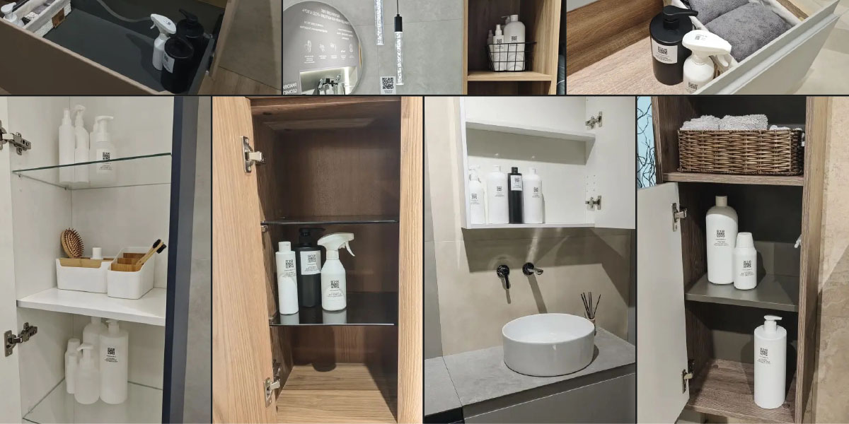 Чёрные и белые комплекты флаконов от «Космопак Про» &shy; на выставке MOSBUILD 2026